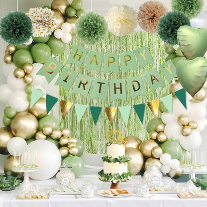 Sage Green Birthday Decorations, Birthday Party Décor, Gold Green Balloons Olive Happy Birthday Banner Fringe Curtain Background, Neutral Decorations for Women Men