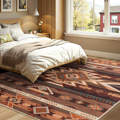 Western Rug for Living Room, 5x7 Non Slip Low Pile Aztec Rug for Bedroom, Dining Room Rugs for Under Table, Office, Machine Washable Area Rugs, Red Brown