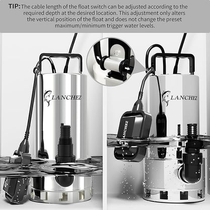 LANCHEZ 1.6HP 6000GPH Sump Pump, Stainless Steel High Flow Submersible Water Pump with Float Switch, Automatic Transfer Water Pump for Swimming Pool Basement Flooded Pit Sewage Sink Tub, Silver