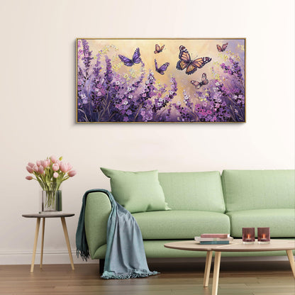 yiijeah 40x20 Inches Poster Frame Wall Art - Purple Lavender Butterfly Picture Artwork Wall Decor for Bedroom Living Room Office Home Decoration