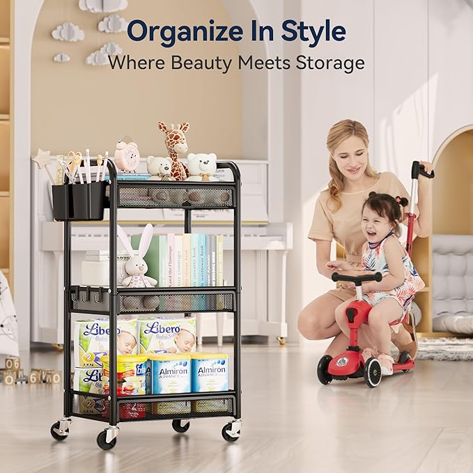 YASONIC 3 Tier Rolling Cart – Metal Utility Storage Carts