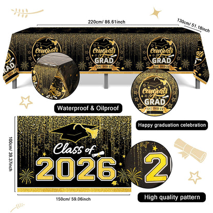 Graduation Decorations 2026, Black and Gold Balloon Garland Arch, Black and Gold Graduation Decorations with Congrats Grad Tablecloth and Class of 2026 Backdrop for High School College Grad Party