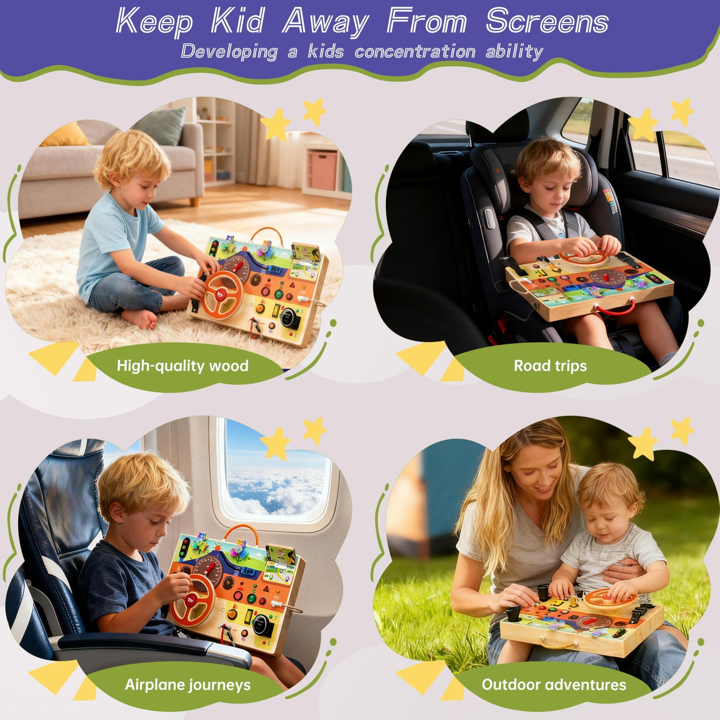 Busy Board Montessori Toys for Toddlers 1-3 with Steering Wheel, Lights & Switches, Wooden Driving Activity Board | Sensory Montessori Busy Board for 1+ Year Old, Toddler Learning & Travel Toy