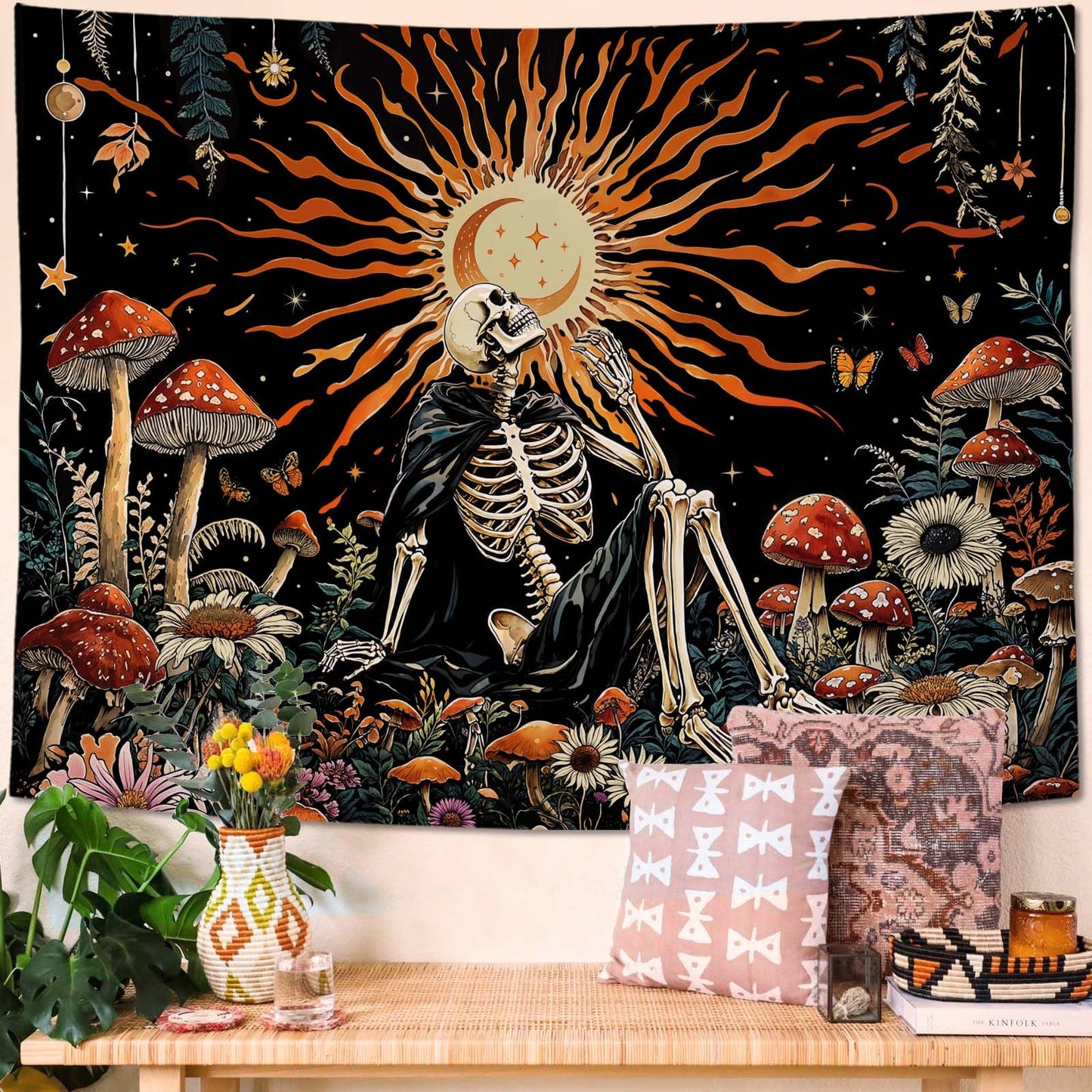 Kanuyee Fantast Meditating Skeleton Tapestry Mushroom Wall Art Tapestries Gothic Boho Room Decor Aesthetic Wall Hanging for Bedroom Dorm Living Room Fantasy Art 90x70 Inch