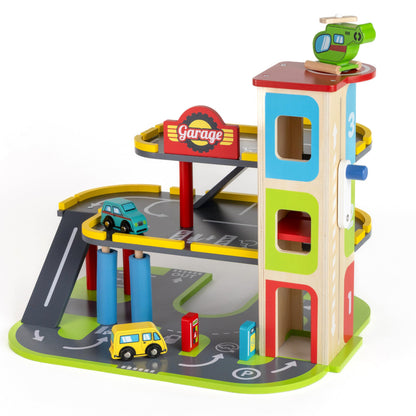 Jasey's Toy Chest Wooden Busy Wheels Garage Playset | 3-Level Wooden Garage with Elevator, Car Wash, Gas Station & Helipad + 2 Cars & 1 Helicopter | for Toddlers Ages 3+