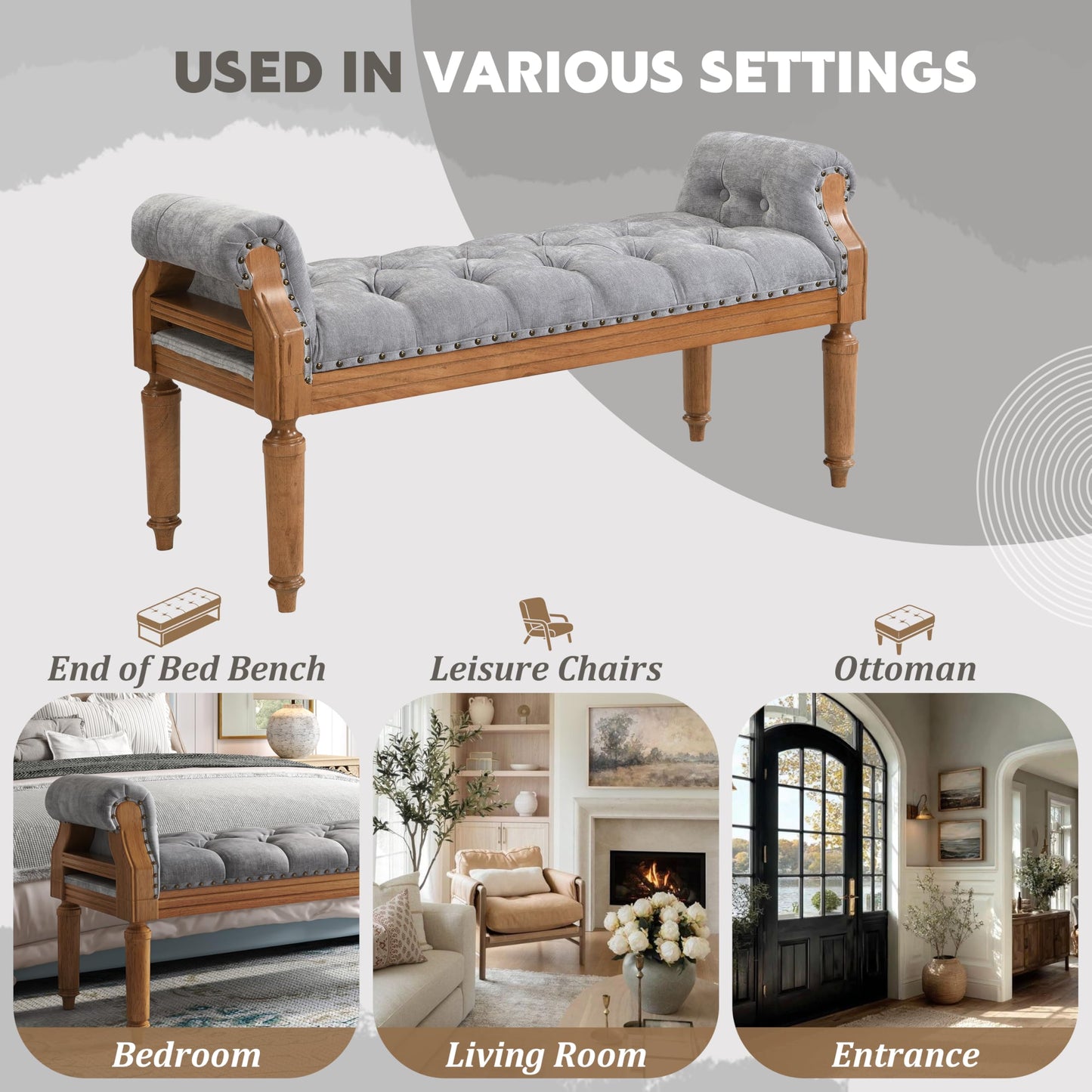 Christopher Knight Home Yordle Button-Tufted Linen Upholstered End of Bed Ottoman, Wooden Living Room Ottoman Bench with Nailhead Trim, Long Entryway Bench with Rolled Arms, Gray + Brown