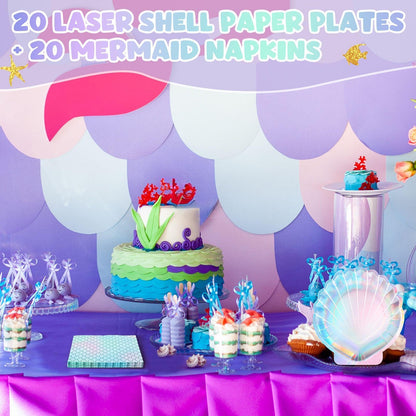 Gersoniel 40 Pcs Iridescent Mermaid Party Supplies Set, 20 Clam Shell Plates and 20 Scales Napkins Mermaid Party Decorations Disposable Paper Plates and Napkins Seashell for Birthday (Shell)