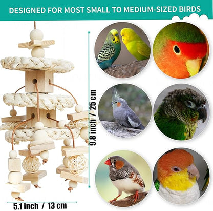 Natural Bird Toys for Quaker Parrot, Lovebird, Parakeet, Cockatiel & Conure – for Chewing, Shredding & Foraging, Corn Husk, Wood & Vine with Leather Cord for Small & Medium Birds
