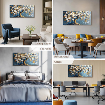 SERIMINO Tree of Life Large Canvas Wall Art, Abstract Gold Tree Modern Office Decorations, Nature White Floral Artwork for Walls, Navy Blue Pictures Wall Decor Living Room Bedroom Art Prints 20"X40"