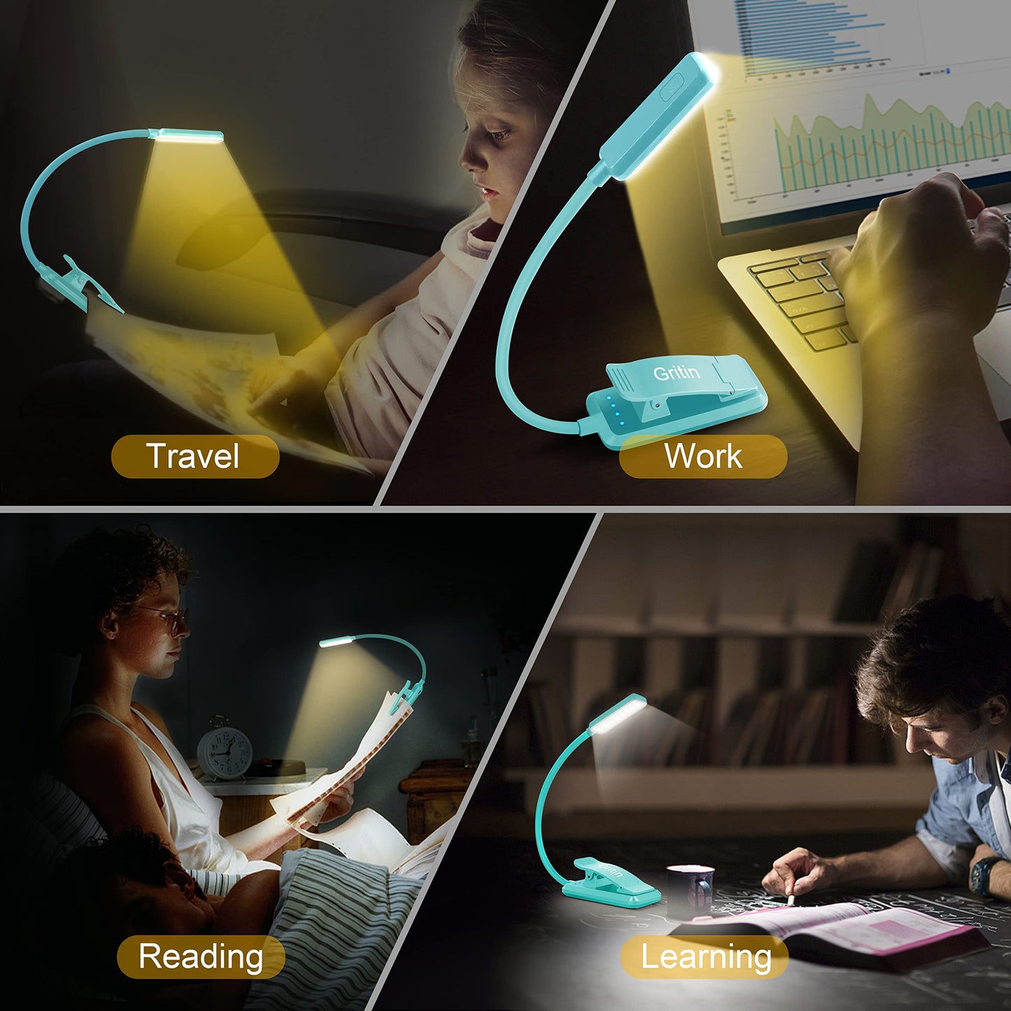 Gritin 9 LED Rechargeable Book Light for Reading in Bed - Eye Caring 3 Color Temperatures,Stepless Dimming Brightness,80 Hrs Runtime Small Lightweight Clip On Book Reading Light for Studying