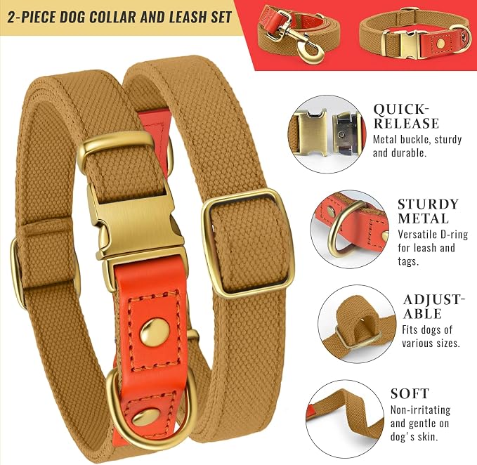 Dog Collar and Leash Set with Metal Quick Release Buckle, Adjustable, Breathable Nylon, Durable, Soft and Comfortable, No Pull for Walking and Training, Khaki, L (14.9"-22.8")