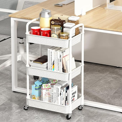 MOYIPIN 3-Tier Plastic Rolling Utility Cart with Handle,Utility Storage Cart for Office, Living Room, Kitchen,Movable Storage Organizer Shelves,White