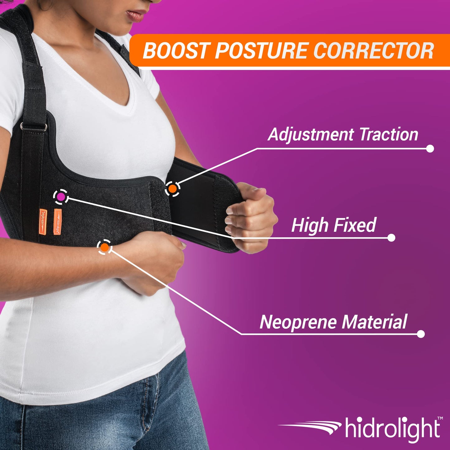 HIDROLIGHT - Boost Upper Back Brace - Adjustable Posture Corrector for Women and Men, Pain Relief, Back Support Belt, Neck Hump Corrector - Posture Adjustment, Physiotherapy Treatment - Black, Large