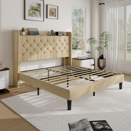 SHA CERLIN Full Size Platform Bed Frame with Charging Station, Linen Wingback Headboard with Storage Shelf, Wooden Slats Support, Ample Under-Bed Space, No Box Spring Needed, Easy Assembly, Beige
