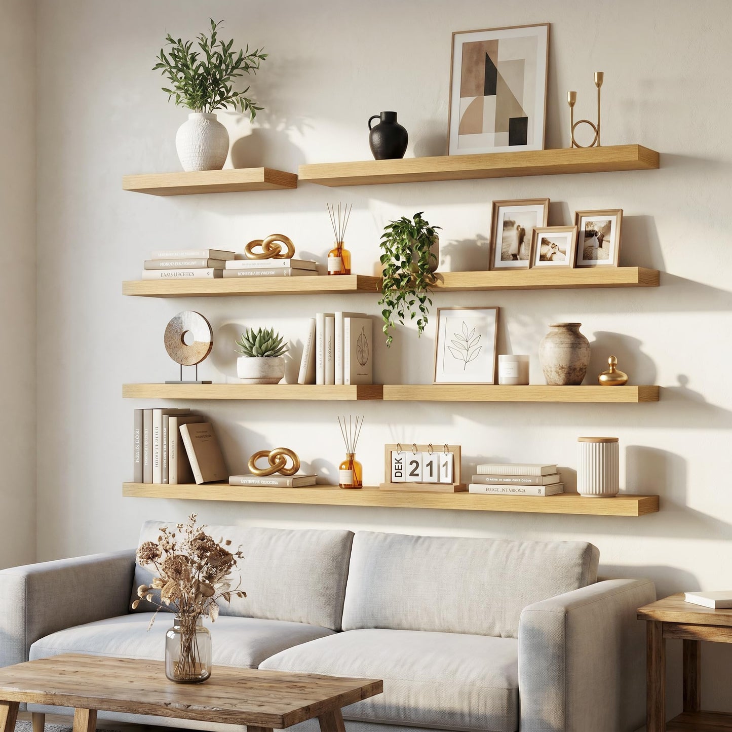 Venusmiles Floating Shelves for Wall, 24 Inch Floating Shelves Set of 2, 6.5" D Wooden Wall Mounted Display Shelves with Invisible Brackets for Living Room, Bedroom, Bathroom, Kitchen Decor, Oak