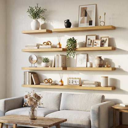 Venusmiles Floating Shelves for Wall, 24 Inch Floating Shelves Set of 2, 6.5" D Wooden Wall Mounted Display Shelves with Invisible Brackets for Living Room, Bedroom, Bathroom, Kitchen Decor, Oak