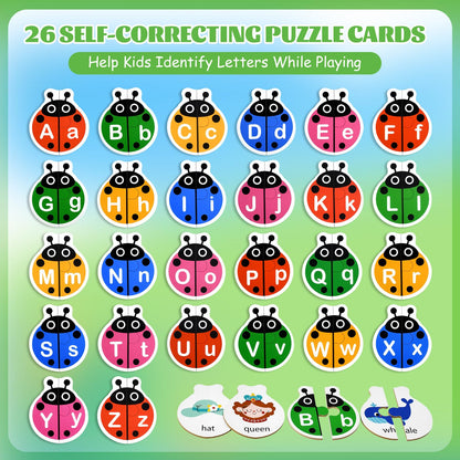 GAKICO Ladybug Self Correcting Alphabet Puzzle: Letter Matching Games for Toddlers 3-5, 52pcs Double-Sided Montessori ABC Puzzles Cards Preschool Learning Activities Educational Toy Gift for Kids