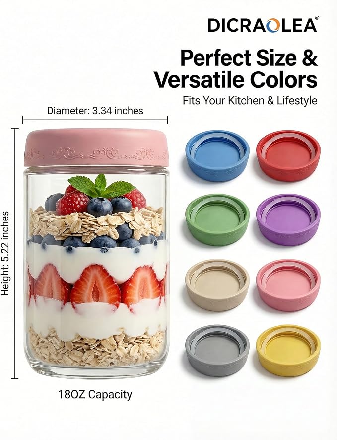 18oz 4Pack Glass Overnight Oats Jars Containers with Airtight Leakproof Lids, Reusable Mason Jars for Meal Prep, Yogurt Parfaits, Smoothies, Salads & Healthy Breakfasts (18 OZ-4-1)