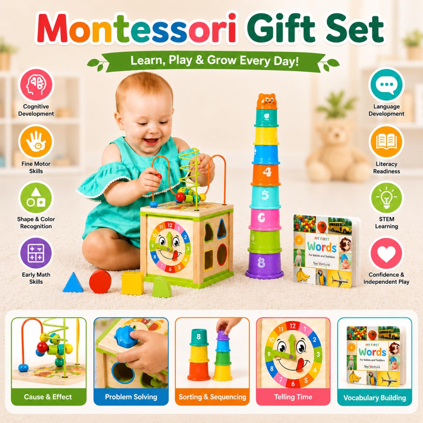 Wooden Activity Cube for 1 Year Old - 1 Year Old Boy Gifts - 1 Year Old Boy Toys - Educational Toys for 1 Year Old - Busy Cube with Bead Maze Toy - Baby Stacking Cups & Board Book - Blue Gift Box