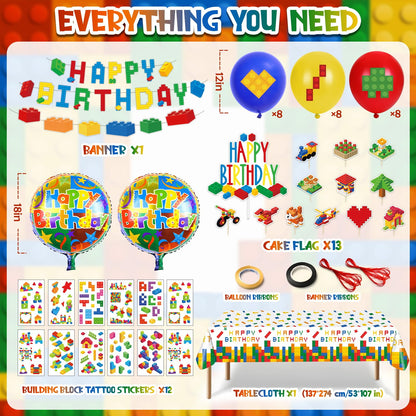 Building Block Birthday Party Decorations Supplies Kit - Balloons Tablecloth Banners Cake Toppers Foil Balloons Tattoo Stickers - Birthday Decorations for Kids Boys Girls Building-Themed Celebration
