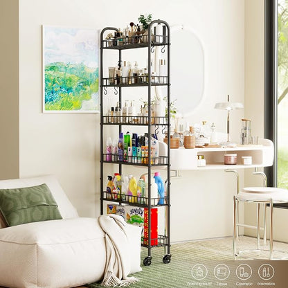 6-Tier Slim Storage Cart, Rolling Kitchen Cart with Wheels | Narrow Metal Shelf Organizer with Hooks for Kitchen, Bathroom, Living Room, Laundry, Small Spaces, Black, 6 in