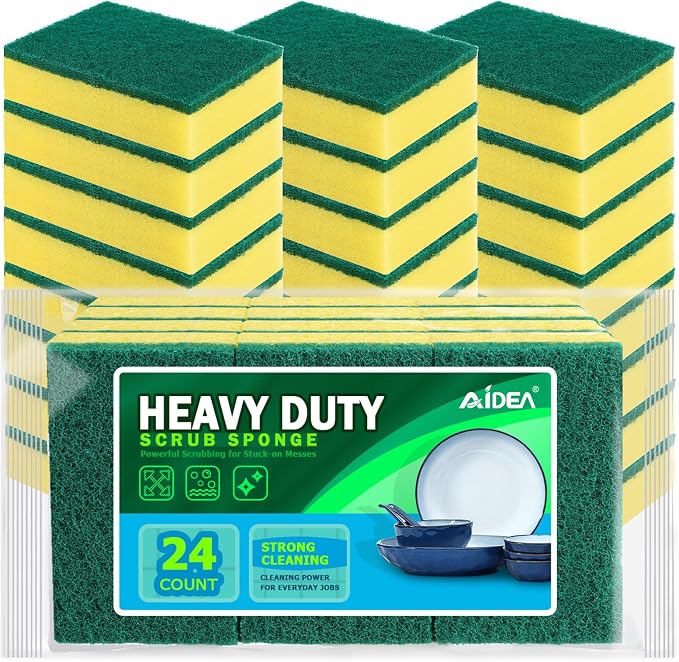 AIDEA Sponges Kitchen, 24 Pack Heavy Duty Dish Sponge, Cleaning Dish Scrubber Sponge for Home and Kitchen, Stink-Free Cleaning Supplies for Pots, Pans
