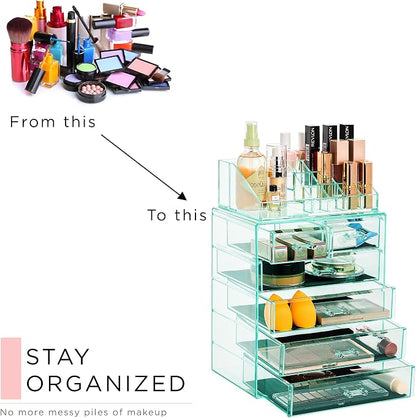 Sorbus Acrylic Makeup Organizer Set, 6-Drawer Vanity & Countertop Cosmetic Storage with Small & Wide Compartments, Teal Thrill Makeup Storage for Brushes, Jewelry – Holiday Gift for Women & Teens