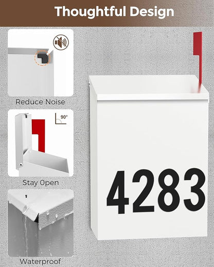 LAND·VOI Wall-Mount Mailbox with One Flag Kit and Three Sets of 0-9 Mailbox Number Stickers, Mailboxes for Outside, Galvanized Steel Rust-Proof Metal Post Box, 7.1"x3.9"x10.24", Textured White AMB05W