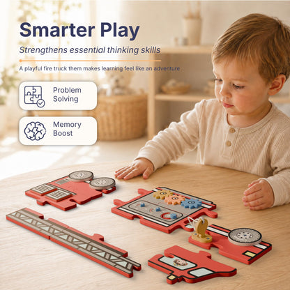 Lalibels Large Fire Truck Puzzle & Activity Toy for Toddlers 18 Months+, Montessori Fine Motor Learning Toy, Wooden Firetruck Birthday Gift for Boys Ages 1-3