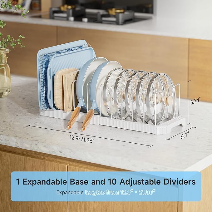MUDEELA Pots and Pans Organizer under Cabinet, Expandable Rack with Pot Lid Holder and 12 Adjustable Dividers, Pan Organizers inside Cabinet for Kitchen Organization, Cutting Boards, Baking Sheets