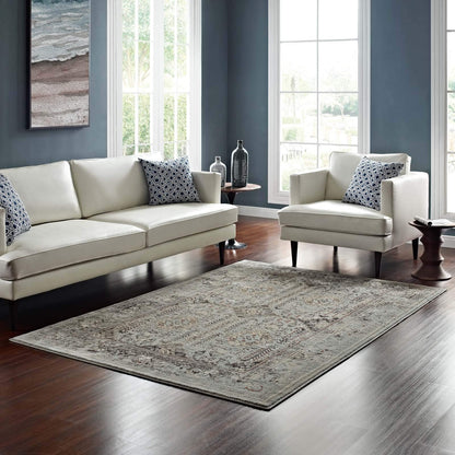 Modway Enye Distressed Vintage Floral Lattice 8x10 Area Rug in Brown and Silver Blue