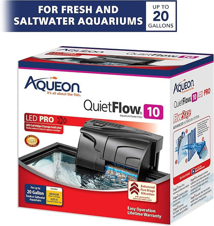 Aqueon QuietFlow 10 LED PRO Aquarium Fish Tank Power Filter For Up to 20 Gallon Aquariums
