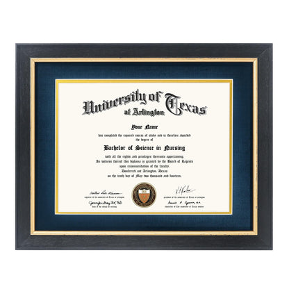 GMFrames 8.5x11 Wood Diploma Frame with Navy Mat or Display 11x14 Certificates without Mat,Tempered Glass,Rustic Black Finish with Gold Trim