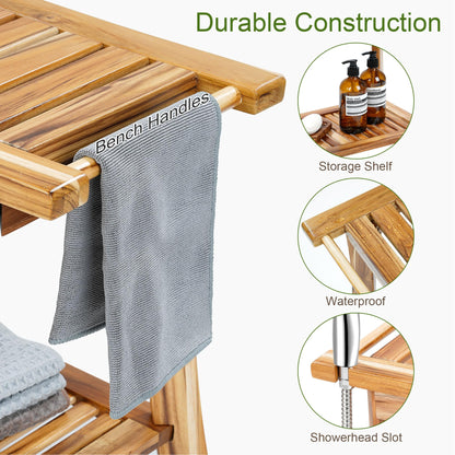 Jekruiet 24" Solid Teak Shower Bench with Towel Bar & Storage Shelf - Waterproof Bath Stool with Fixed Non-Slip Feet, 300lbs Capacity
