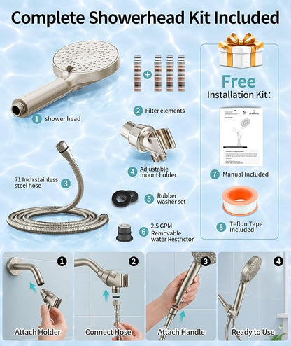 SR SUN RISE Filtered Shower Head with Handheld High Pressure 9 Spray Mode Showerhead Detachable Shower Head Water Softener Filters Beads for Hard Water Remove Chlorine 4 Filters Brushed Nickel