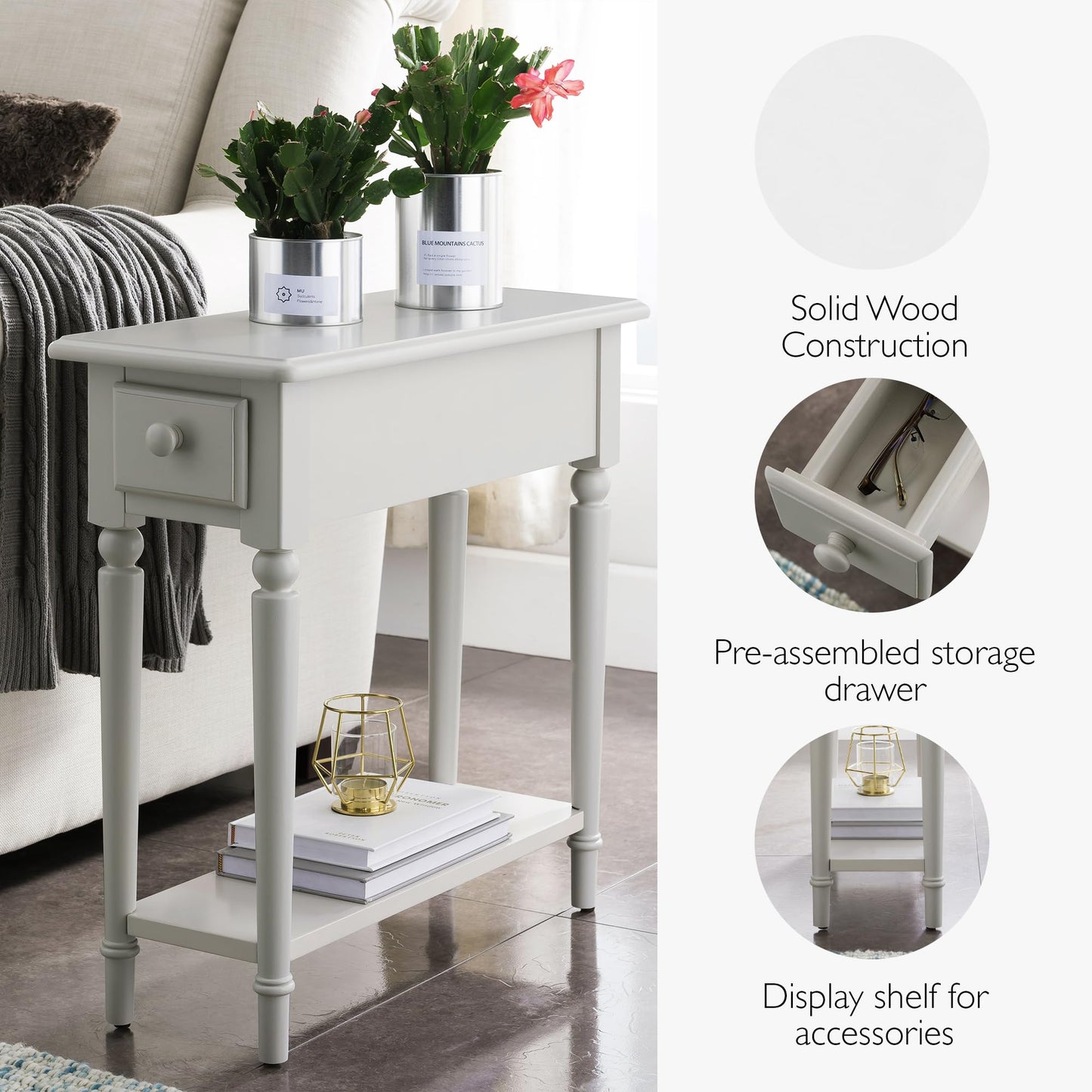 Leick Home Coastal End Table, Solid Wood, 1 Drawer, Bottom Display Shelf, Easy-Assembly, For Living Room/Bedroom, Greige, 23.5 in. L x 10.0 in. W x 24.0 in. H, 20017-GR