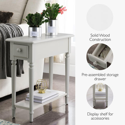 Leick Home Coastal End Table, Solid Wood, 1 Drawer, Bottom Display Shelf, Easy-Assembly, For Living Room/Bedroom, Greige, 23.5 in. L x 10.0 in. W x 24.0 in. H, 20017-GR