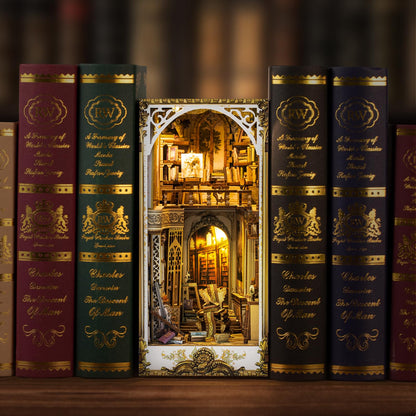 DIY Book Nook Kit - Bookend Diorama with LED - 3D Wooden Puzzle DIY Miniature House Kits - Bookshelf Insert Decor - Booknook Dollhouse Crafts Hobbies Gifts for Adults (Classical Library)
