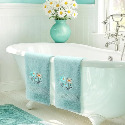 2 Pcs Daisy Hand Towels Teal Flower Bathroom Decor 14x29 Inch Embroidered 100%