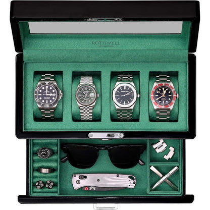 ROTHWELL 4-Slot Piano Black Watch Box with Valet Drawer - Premium Jewelry Display Case Organizer with Locking Glass Top and Microsuede Liner for Men & Women (Green Interior)