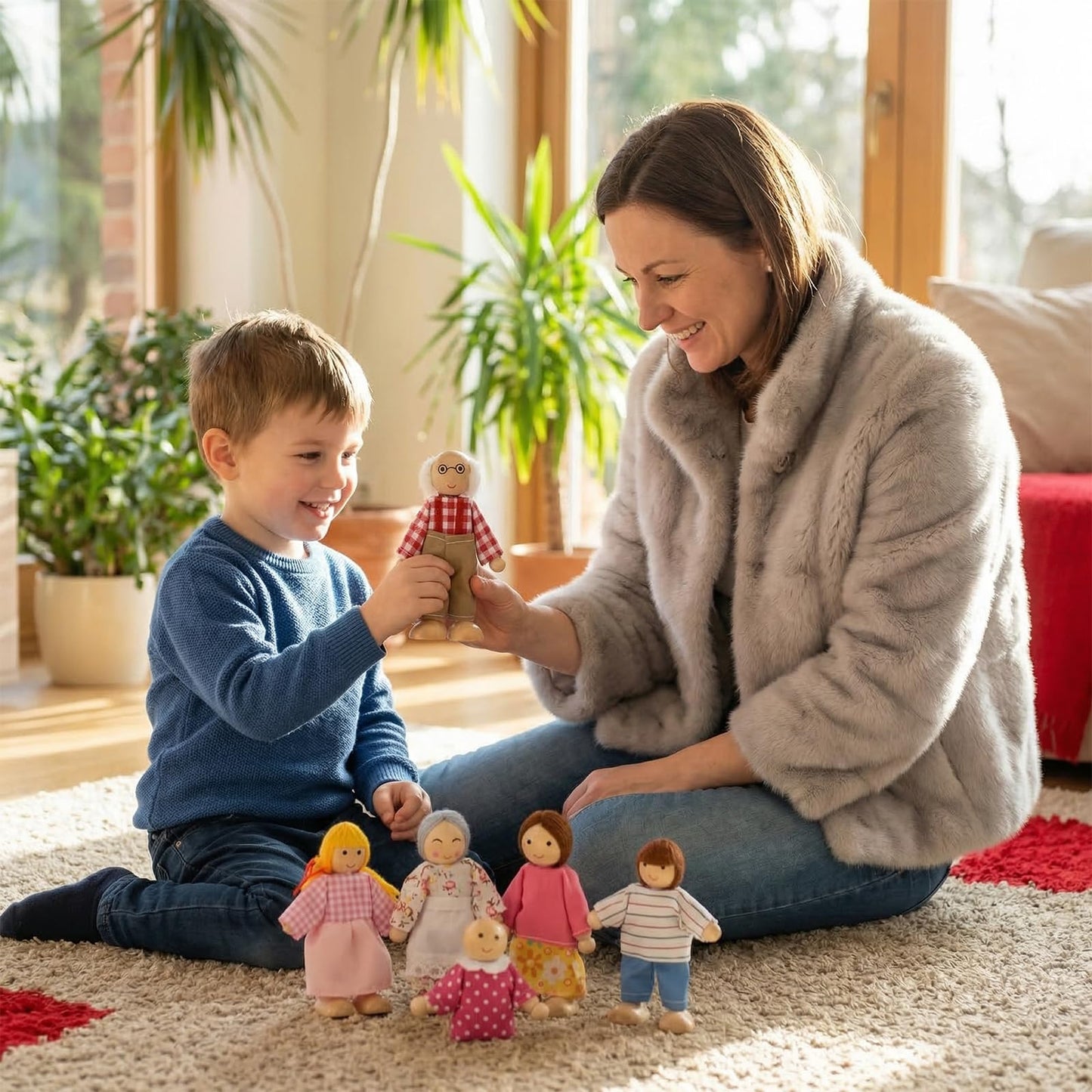 Handlive 7-Piece Wooden Dolls for Dollhouse Family Set, Mini People Figures for Doll House People Role Play
