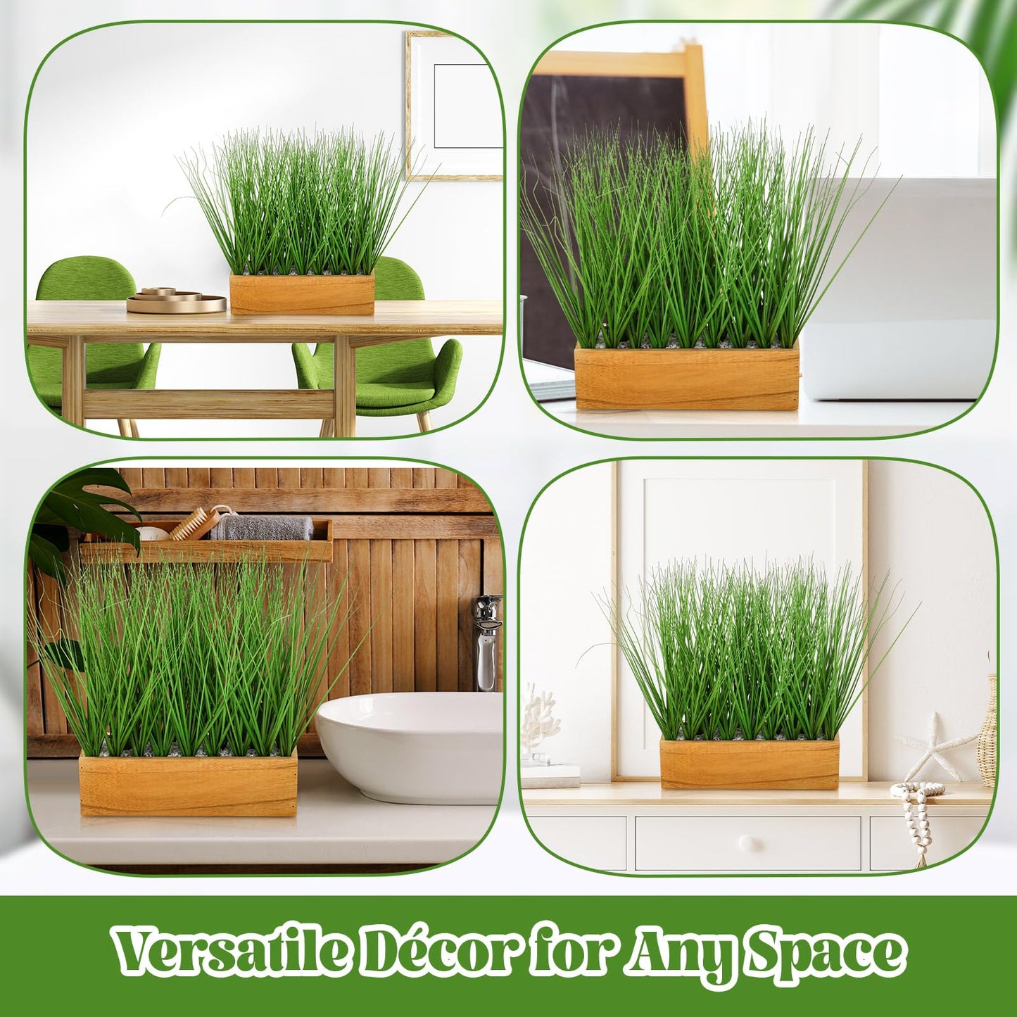 Luinabio 2 Pack 12 Inch Artificial Grass Plants in Acacia Solid Wood Planter Box Decorative Wooden Container with Faux Greenery Plant for Indoor Home Table Rustic Decor