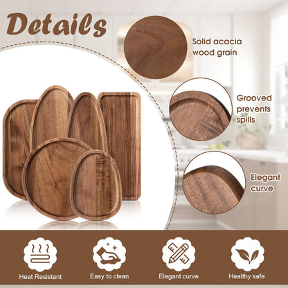 Rtteri Set of 6 Acacia Wood Serving Platters Wooden Plates Solid Wood Serving Tray Charcuterie Board for Kitchen Dinner Food Cheese Appetizer Dessert Snack BBQ Picnic Party Favors Housewarming Gifts
