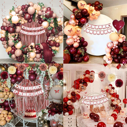 Burgundy Rose Gold Birthday Decorations with Happy Birthday Banner, Balloons, Sash, Crown, Butterfly, Hanging Swirls, Flower Tablecloth, Fringe Curtain, Pompoms for Women Girls Party Backdrop Supplies