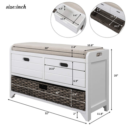 Merax White Classic Wood Entryway Bench with 2 Drawers, Large Rattan Basket and Removeable Seat Cushion for Hallway Front Door, Type 5