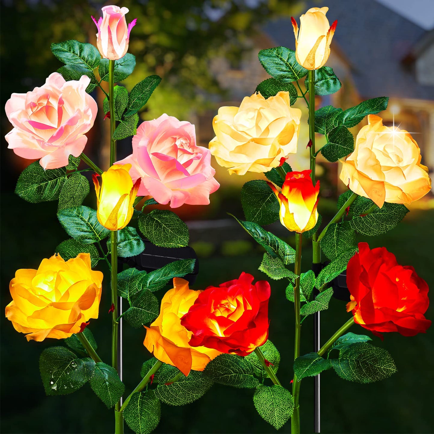 Garden 4 Pack LED Solar Flower Lights with Larger & More Realistic Rose Flowers, Bigger Solar Panel, Waterproof Solar Outdoor Lights for Yard Patio Lawn Pathway Walkway Decoration