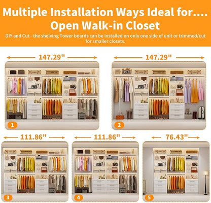 Closet System with 6 Wood Drawers, 6-12FT Closet Organizer System with Cuttable Shelves for Walk in Closet with 6 Expandable Hanging Rods, Heavy Duty Built-in Closet for Bedroom, White