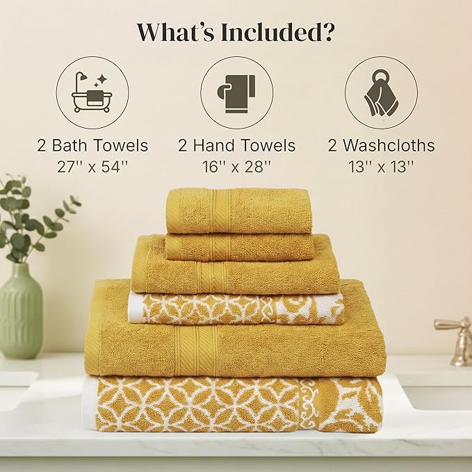 Modern Threads Trefoil Filigree 6-Piece 100% Cotton Towel Set – Reversible Yarn