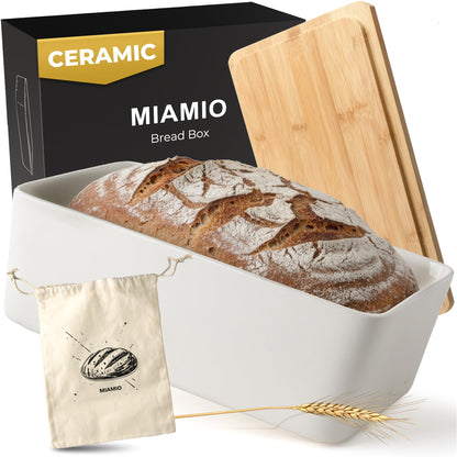 MIAMIO – Bread Box for Kitchen Countertop/Ceramic Bread Box with Cutting Board, Bread Container with Bamboo Lid, 12.6 x 7.9 x 4.5 inches