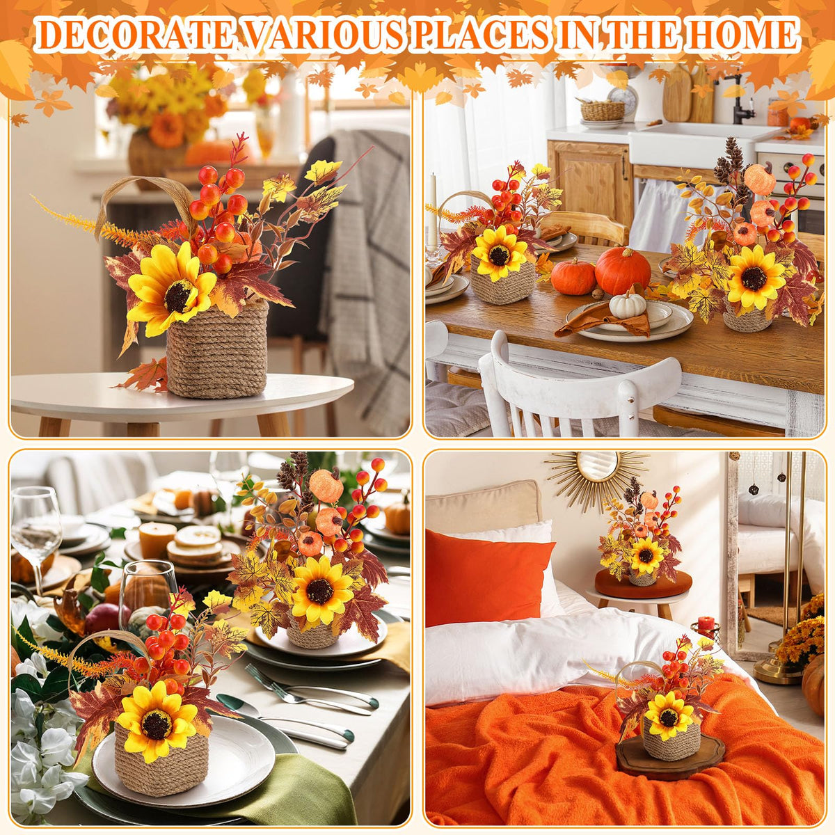 Suncalla 2 Pcs Thanksgiving Fall Table Decorations Centerpiece for Table Maple Leaf Fall Decor for Home Artificial Flower Pumpkin with Rattan Flower Basket for Indoor Thanksgiving Gifts(Vivid Style)